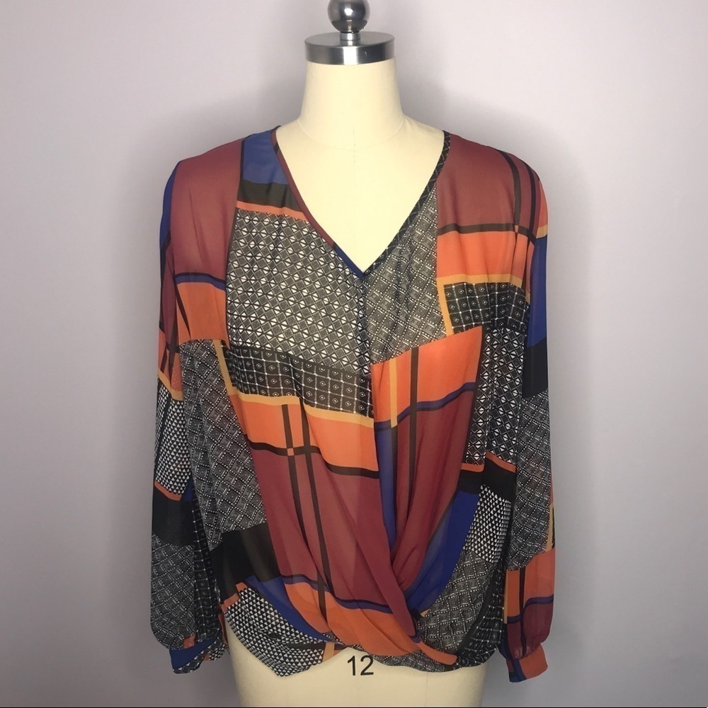 Bisou Bisou Multicolored Faux Wrap Blouse M